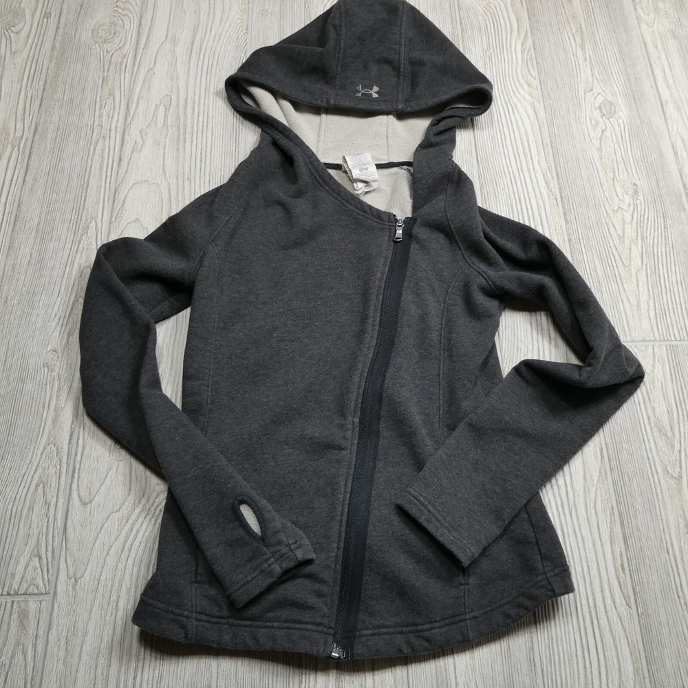 Under Armour Sweater Womens XS Angled Full Zip Hooded Sweatshirt Gray Thumbholes